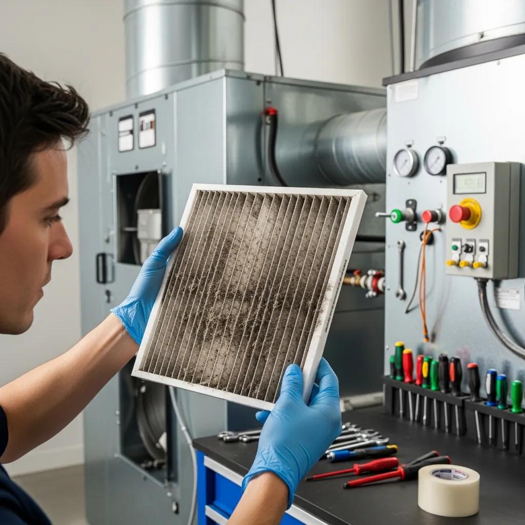 Person inspecting a dirty air filter in an HVAC system