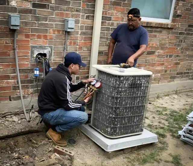 Two Air Zone Experts Hard At Work on a customer's HVAC unit